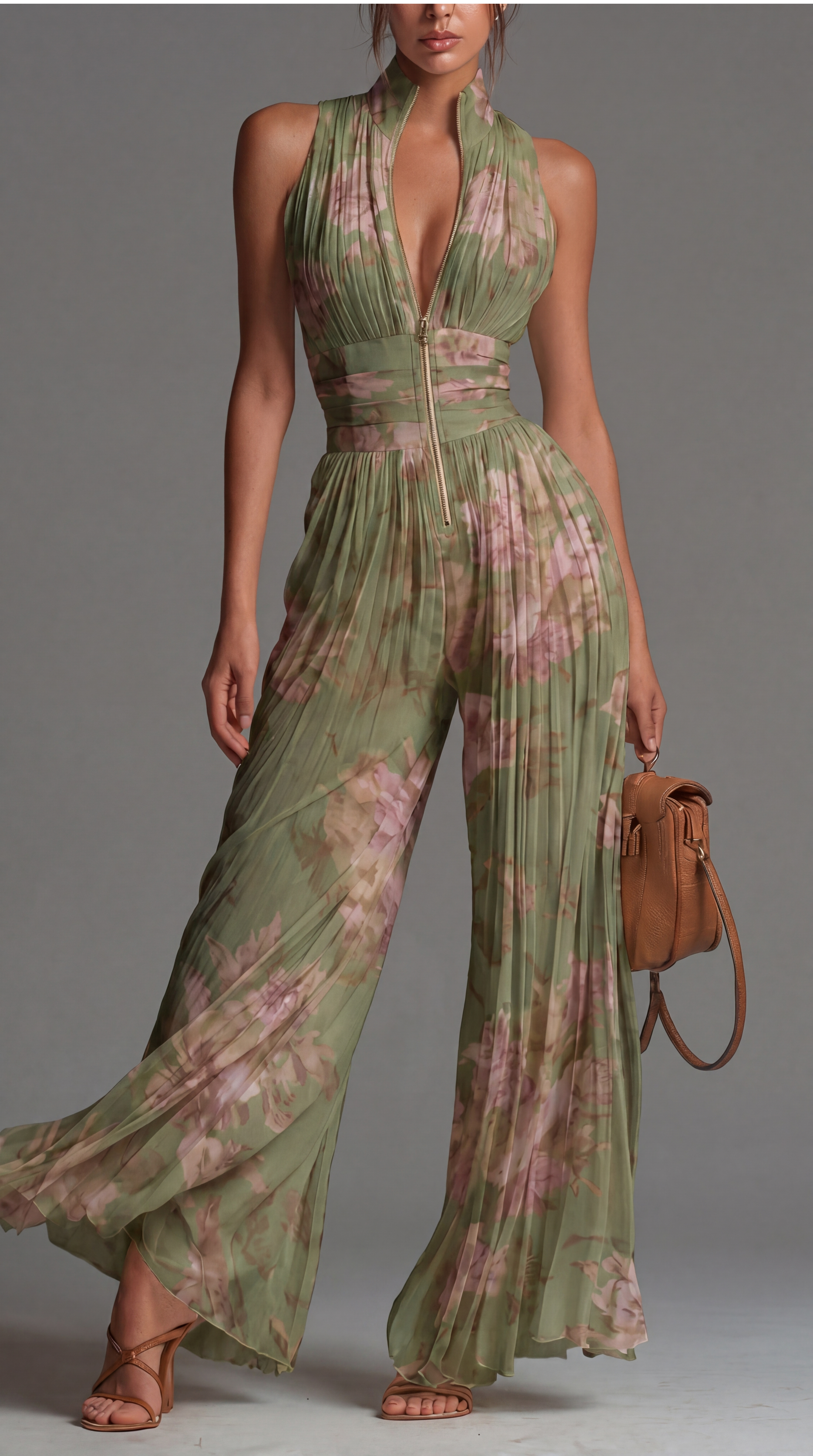 Zsófia Jumpsuit | Tuta in Chiffon Plissettato Verde