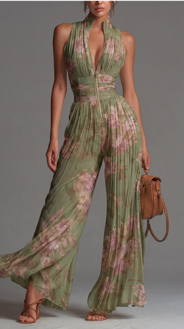 Zsófia Jumpsuit | Tuta in Chiffon Plissettato Verde