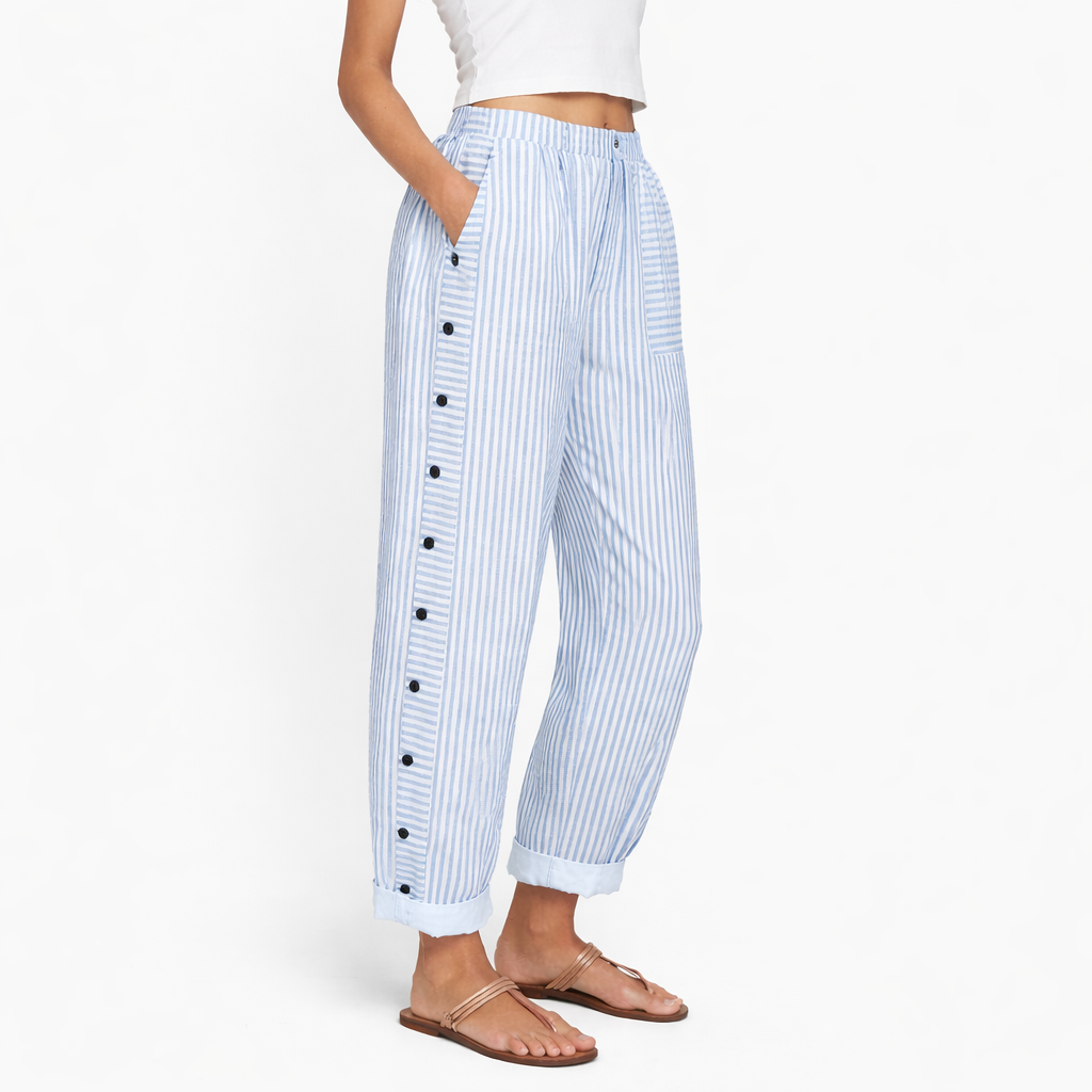 Pantalon Bleu à Rayures Confortable avec Poches Latérales