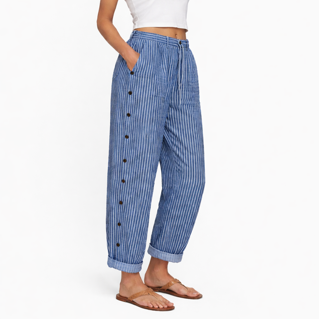 Pantalon Bleu à Rayures Confortable avec Poches Latérales