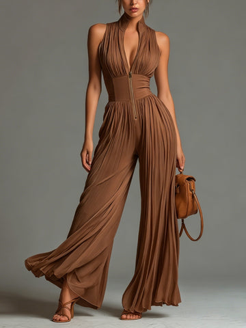 Zsófia Jumpsuit | Tuta in chiffon plissettato color caramello